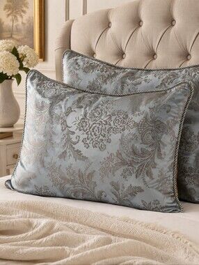 Millano Collection Blue Grey Damask Pillow Shams Set Cottage Luxe King